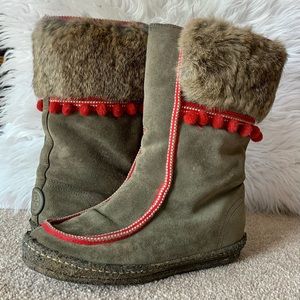 Tory Burch Suede Leather Rabbit Fur Trimmed Winter Boots E651
